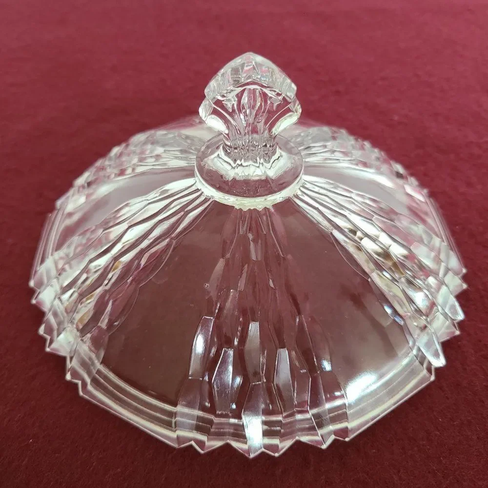 Three-Footed Pedestal Glass Candy Dish Covered Bowl Art Deco Geometric Design